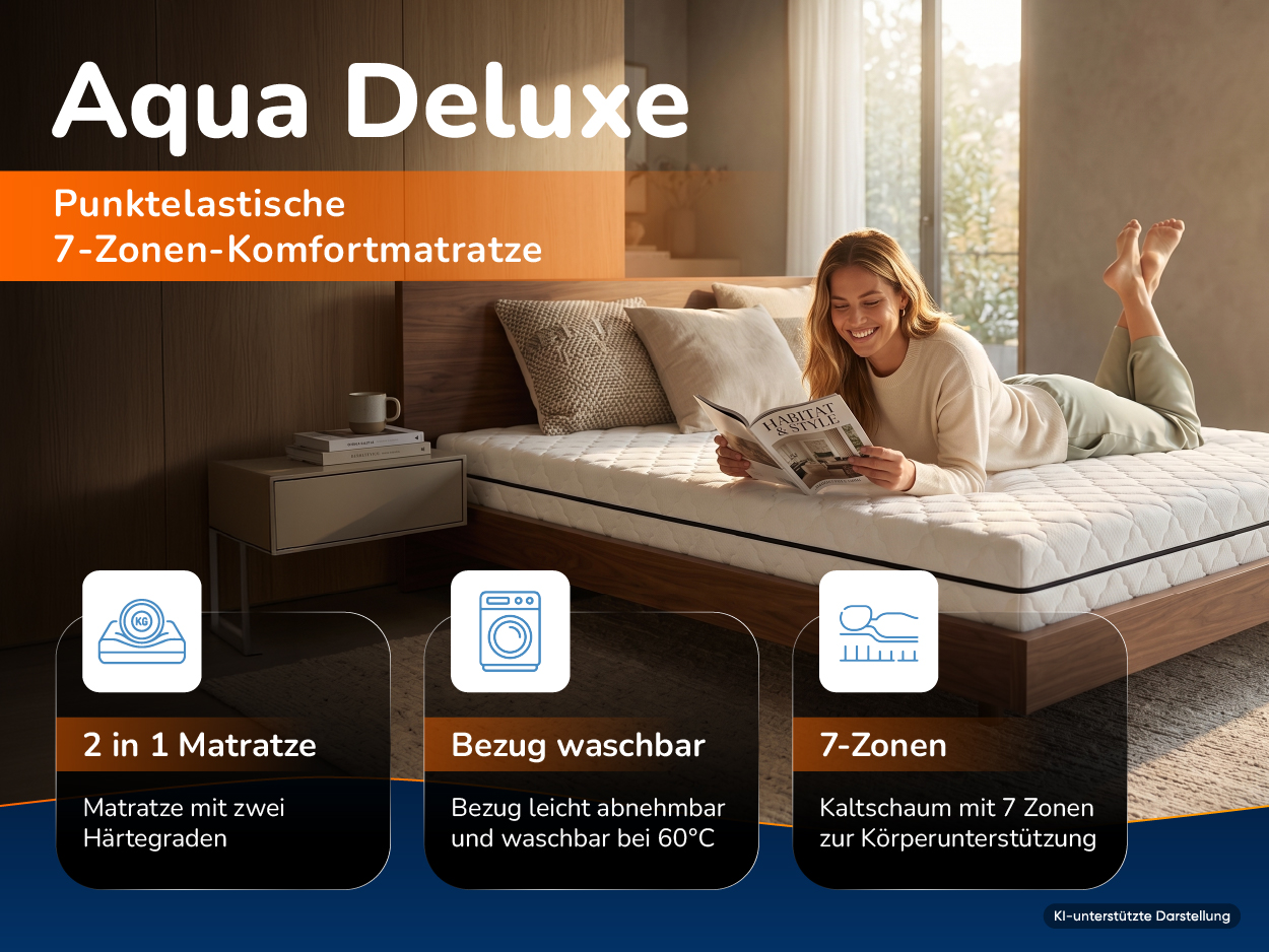 Schlafzimmer mit der Matratze Aqua Deluxe, daneben drei Produktmerkmale