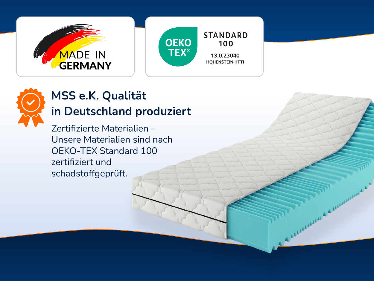 Aufgeschnittene Kaltschaummatratze mit Siegeln und Angaben zur Qualität