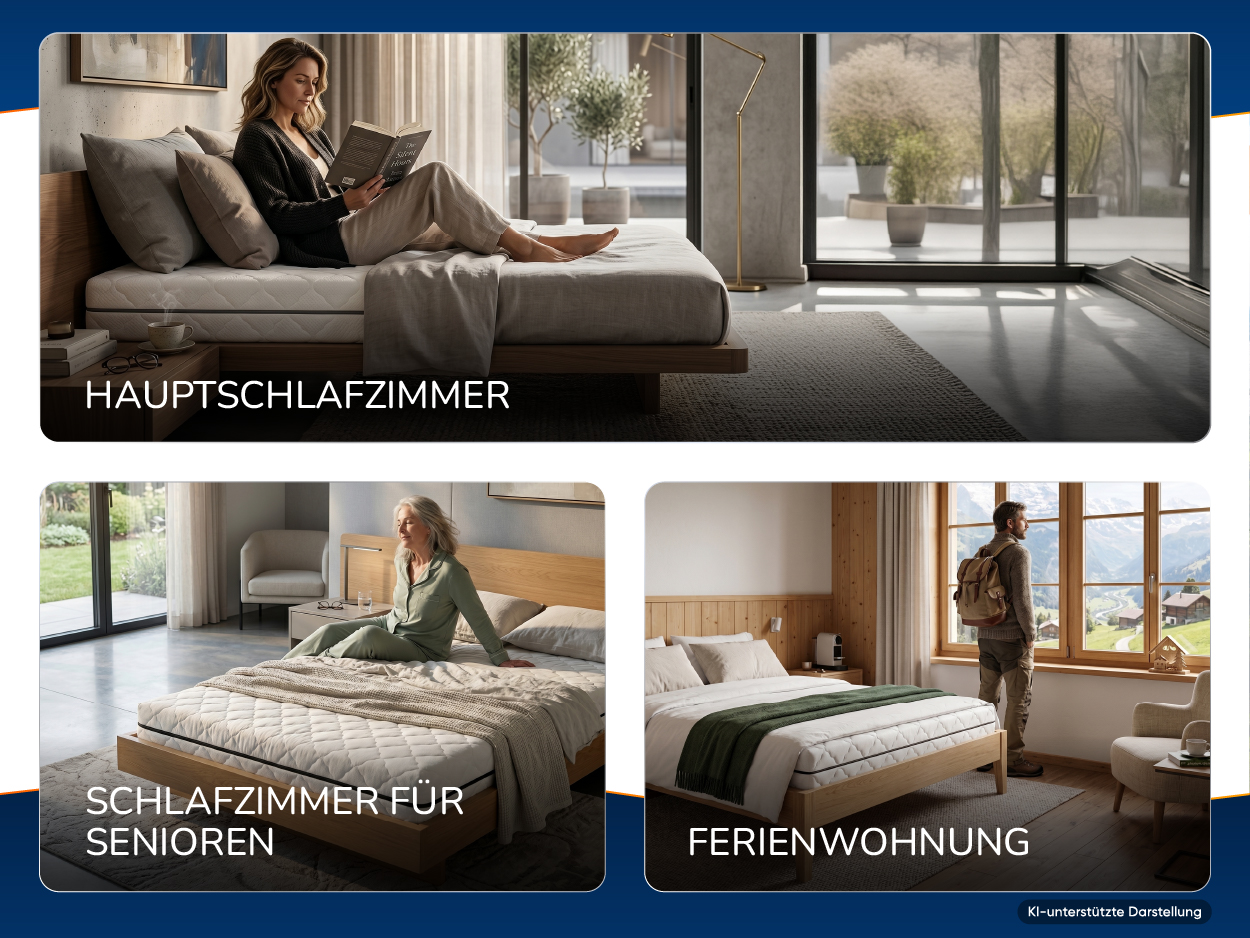 Drei Schlafsituationen: Hauptschlafzimmer, Zimmer für Senioren, Ferienwohnung