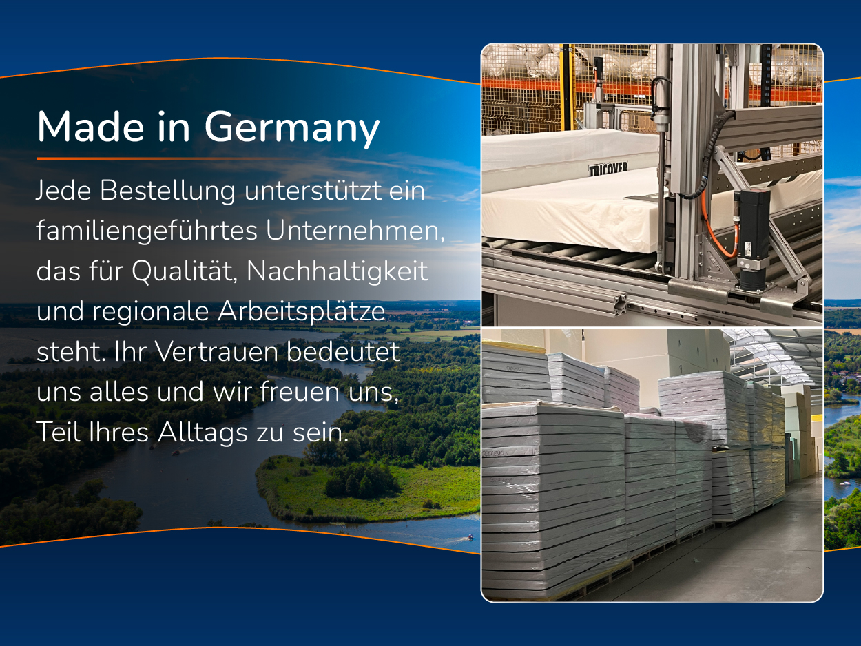 Vier Aufnahmen aus der Produktion von MSS in Brandenburg, Siegel Made in Germany