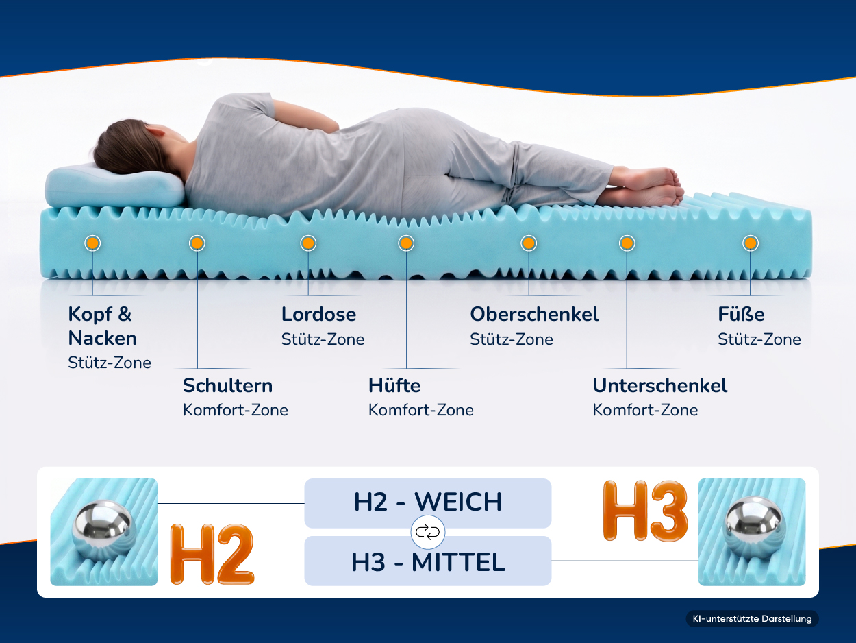 Matratze mit sieben beschrifteten Liegezonen, Härtegrade H2 weich und H3 mittel