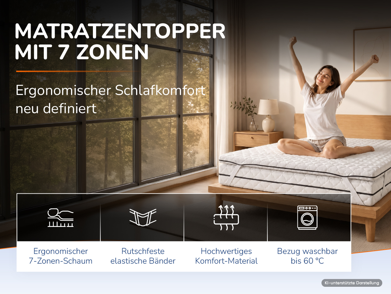 Matratzenauflage auf einem Bett, daneben vier Produktmerkmale