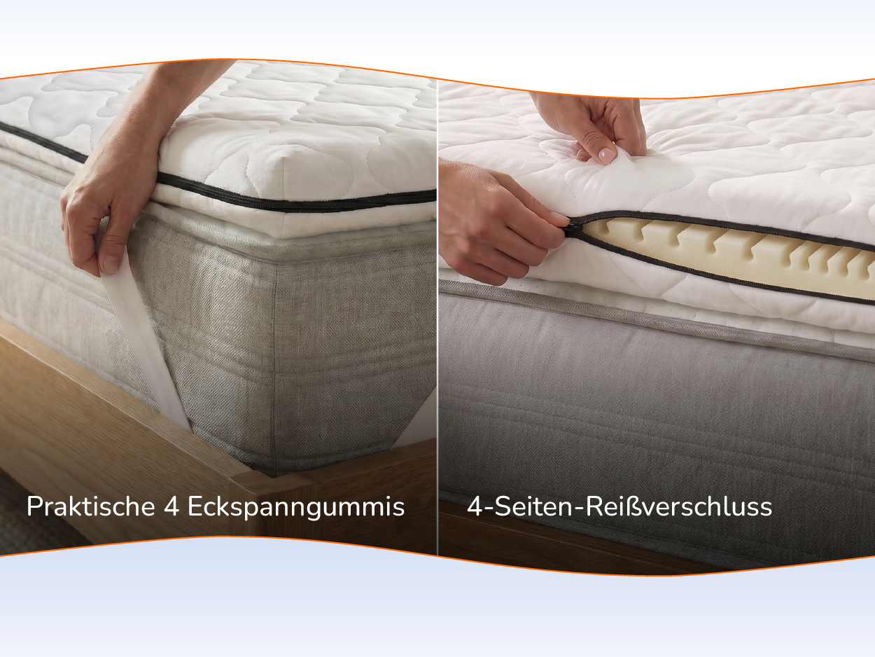 Eckspanngummi wird über die Matratzenecke gezogen, daneben der Reißverschluss