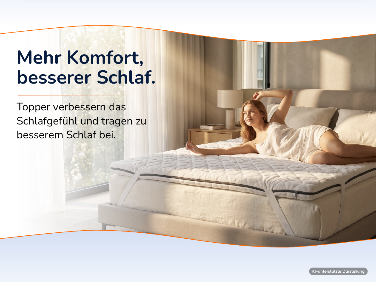 Matratzenauflage auf einem Doppelbett in einem hellen Schlafzimmer