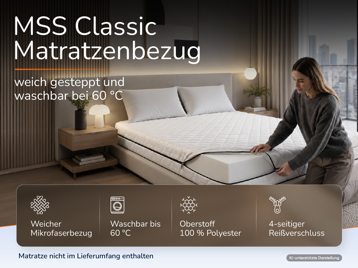 Bezug wird über eine Matratze gezogen, daneben vier Merkmale