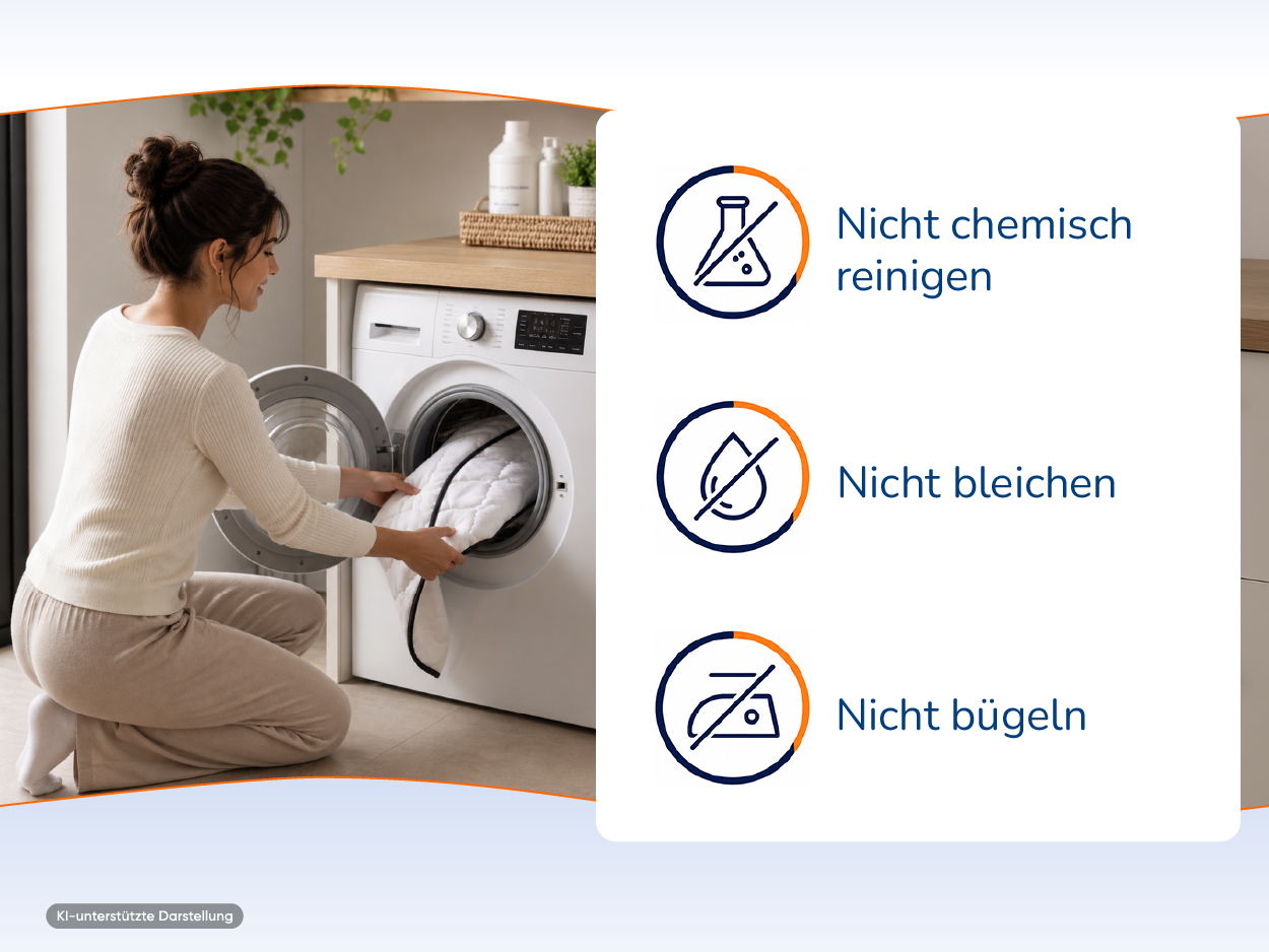 Bezug wird in die Waschmaschine gelegt, daneben drei Pflegehinweise