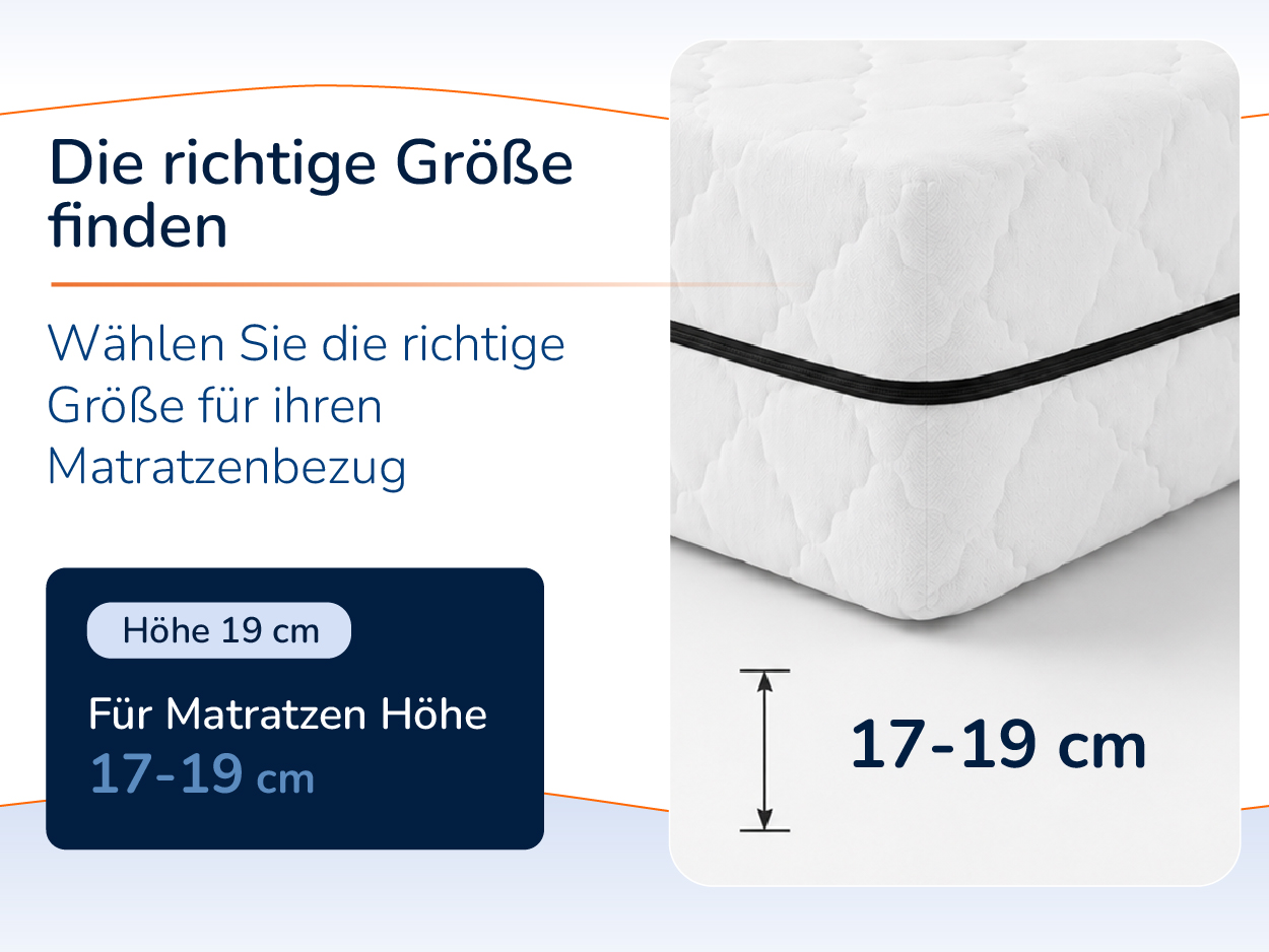 Bezug für Matratzen mit 17 bis 19 cm Höhe, am Bild bemaßt